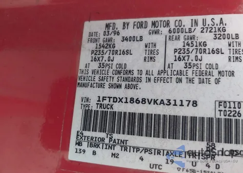 1997 Ford F-150 Lariat/Xl/Xlt from USA, damaged, VIN 1FTDX1868VKA31178